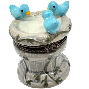 Blue Birds 3 Little  Birdbath Trinket Box Ceramic 2.25" Figurine
